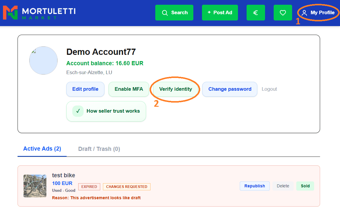 Profile page with My Profile and Verify identity controls highlighted