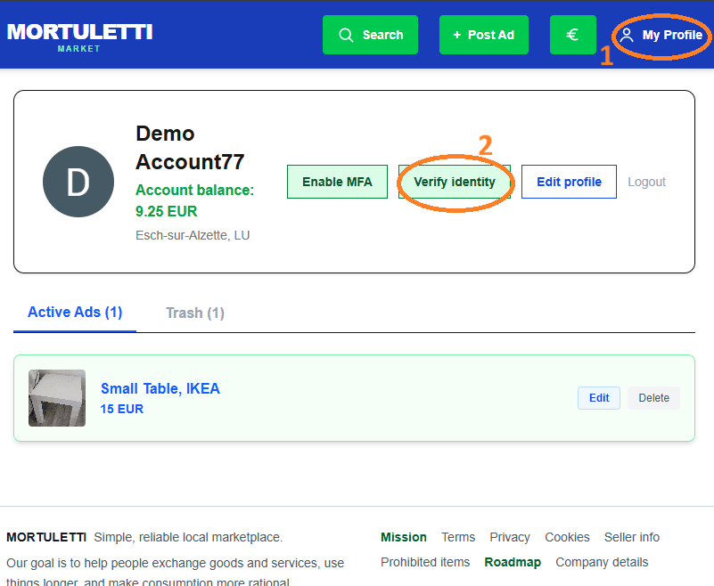 Profile page with My Profile and Verify identity controls highlighted